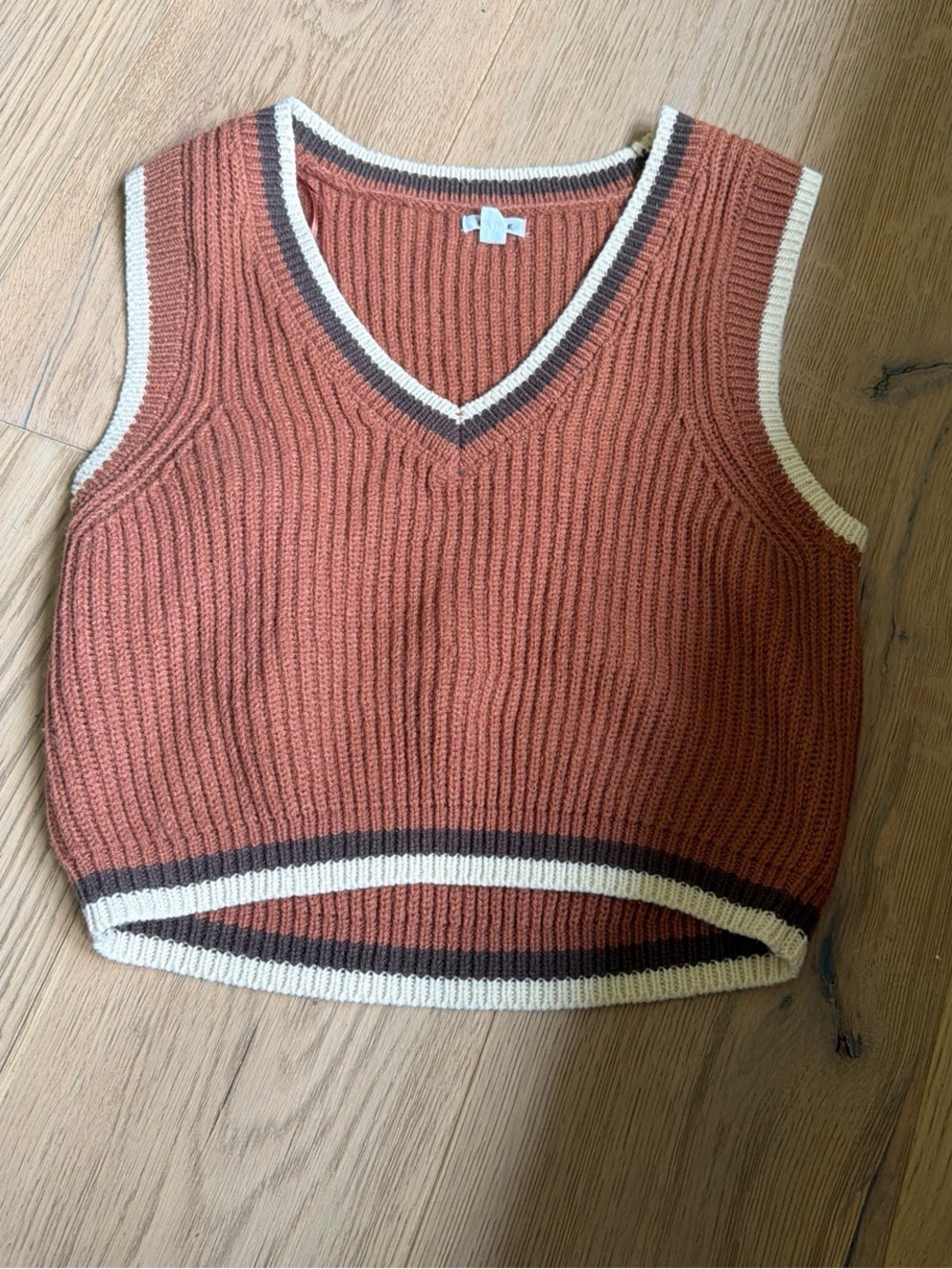 Garage Rust Brown V-Neck Ribbed Knit Tank with Cream & Brown Trim